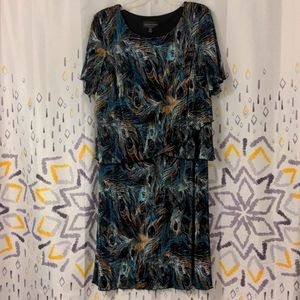 Connected Woman Accordion Pleat Teal  Peacock Pattern Dress, Size 18W